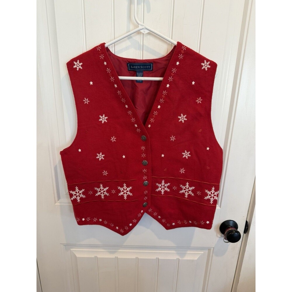 Vintage Karen Scott Christmas Vest L Red Snowflake Embroidered Tie Back Holiday